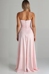 Gerüschte Hoch Niedrig Spaghettiträger Hellrosa Abendkleid aus Chiffon